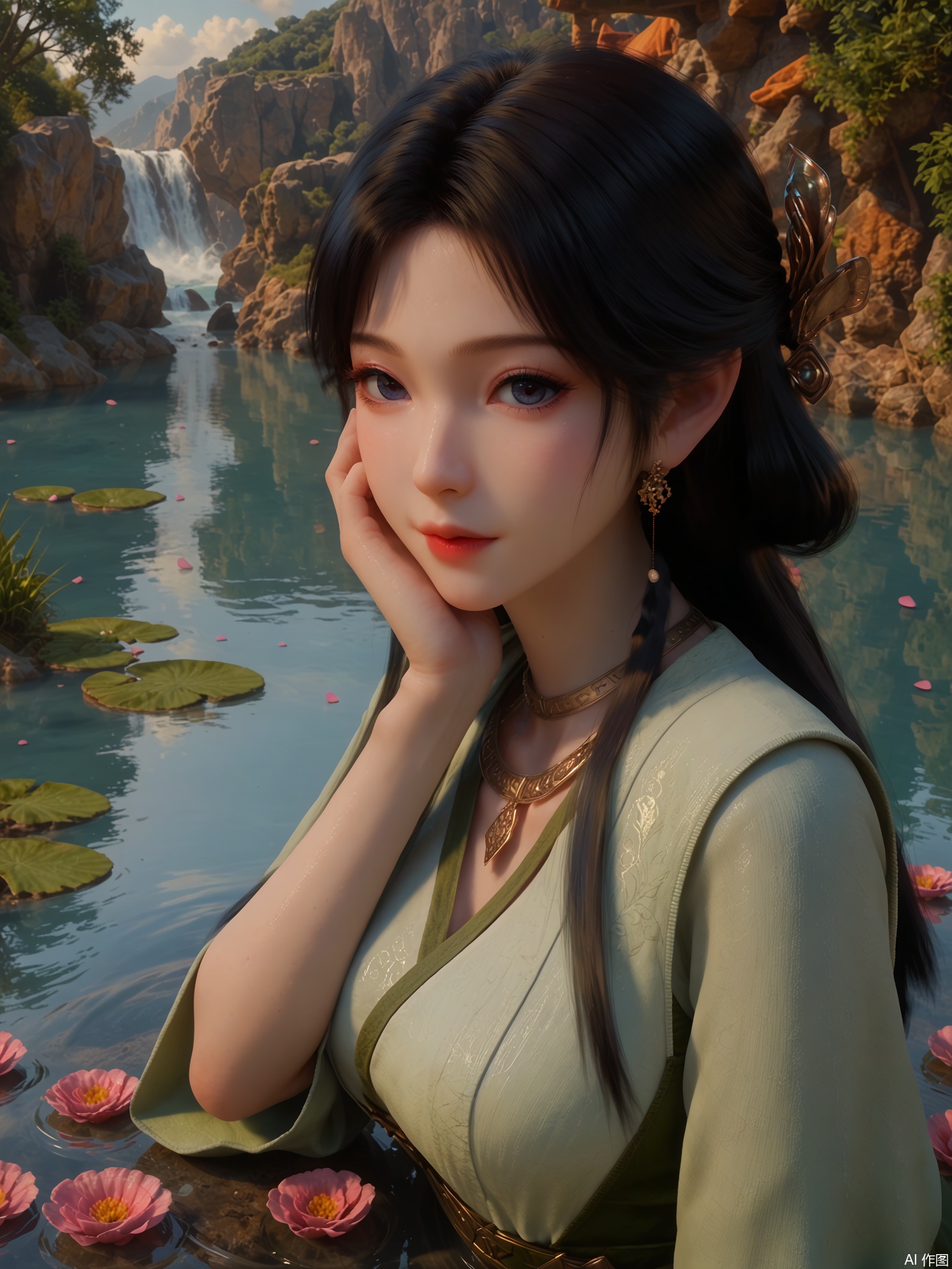 score_9,score_8_up,score_7_up,1girl,looking_at_viewer,realistic,1girl,Vivid Colors,bright environment,sunshine,god light,delicate water,hair_ornament,shiny skin,shiny hair,reflection,(wariza:1.2),dress,flower sea,falling petals,extreme detail description,bright sunlight,frontal lighting,(upper body:1),put one hand on your side,hair,long_hair,(skindentation:1.3),Fishnet stockings,partially submerged,braid,white ranslucent gauze,hand on own cheek,black hair
