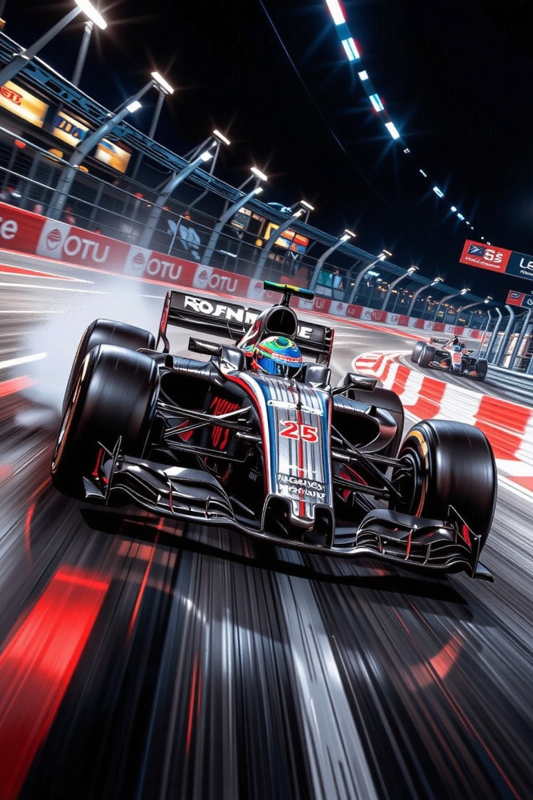Create a striking image of a stripe-finished Formula 1 racing car speeding through the track,  with the stripes enhancing...
