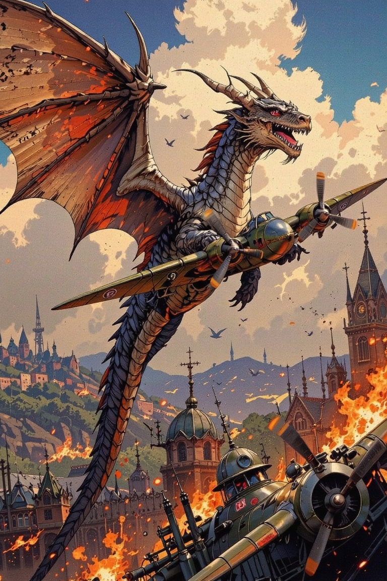 Create an illustration in a retro painting style,  blending elements of fantasy with the backdrop of World War II. Depict...