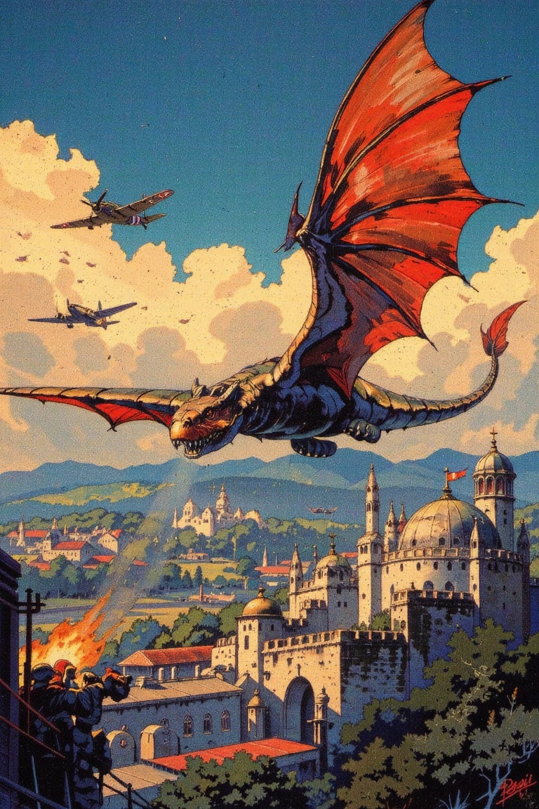 Create an illustration in a retro painting style,  blending elements of fantasy with the backdrop of World War II. Depict...