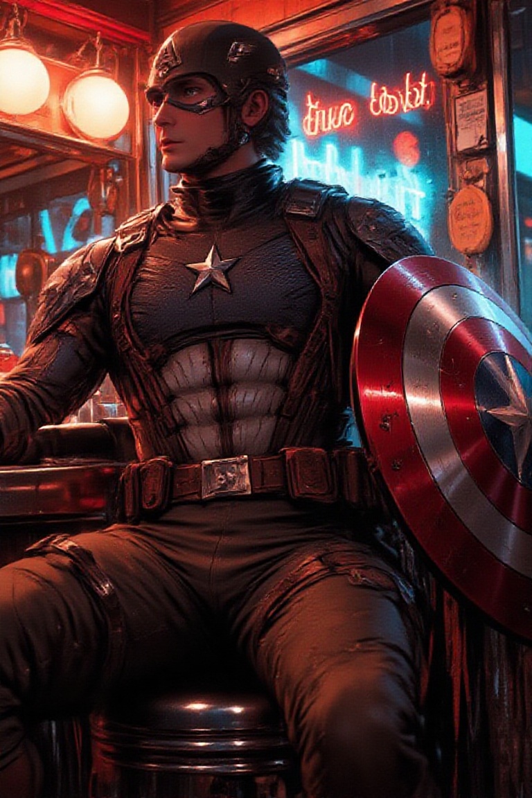 A cinematic vintage photograph of Captain America sitting at the counter of a classic 1950s American diner. He wears a tac...