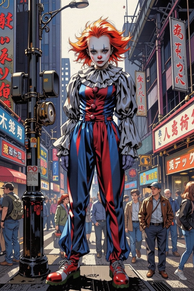 Create a striking image of a stripe-clad clown girl standing on a bustling street corner,  her vibrant stripes contrasting...