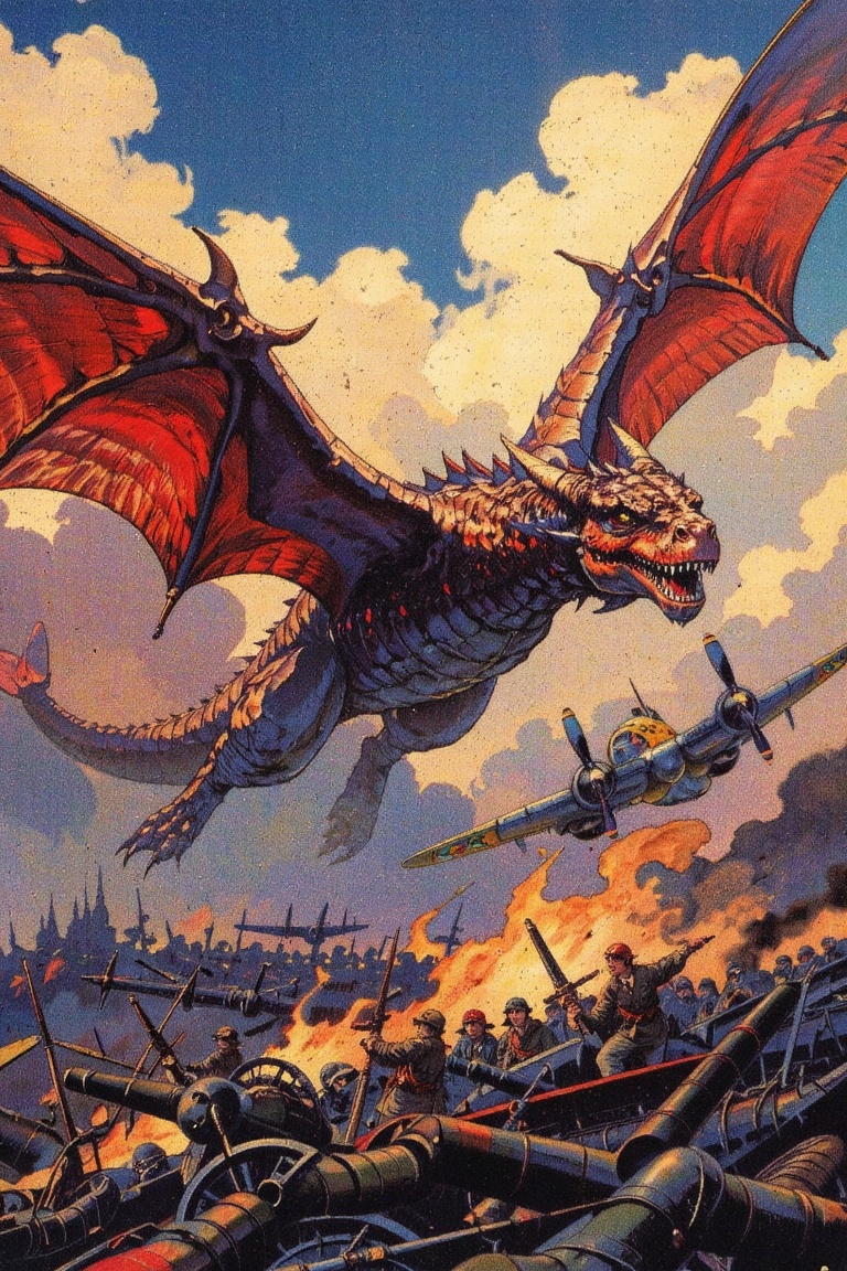 Create an illustration in a retro painting style that blends fantasy elements with the backdrop of World War 2. Depict a m...