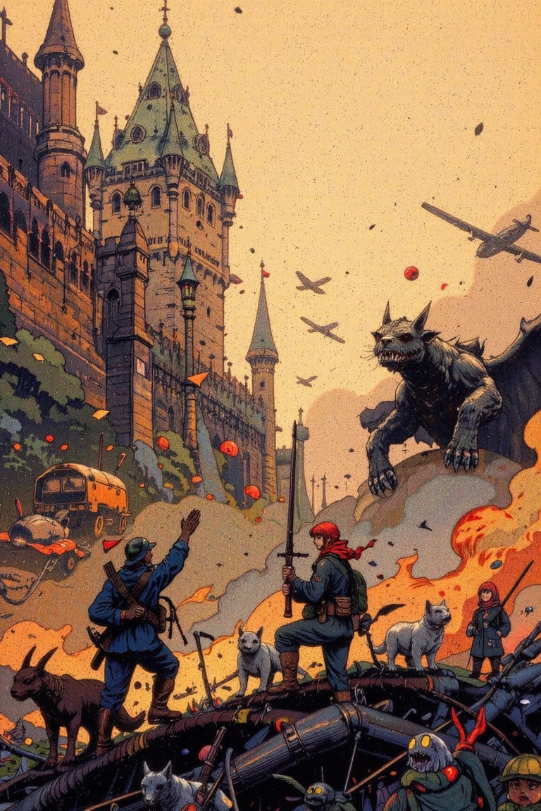 Create an illustration in a retro painting style that captures a fantastical world during World War 2. The artwork should...
