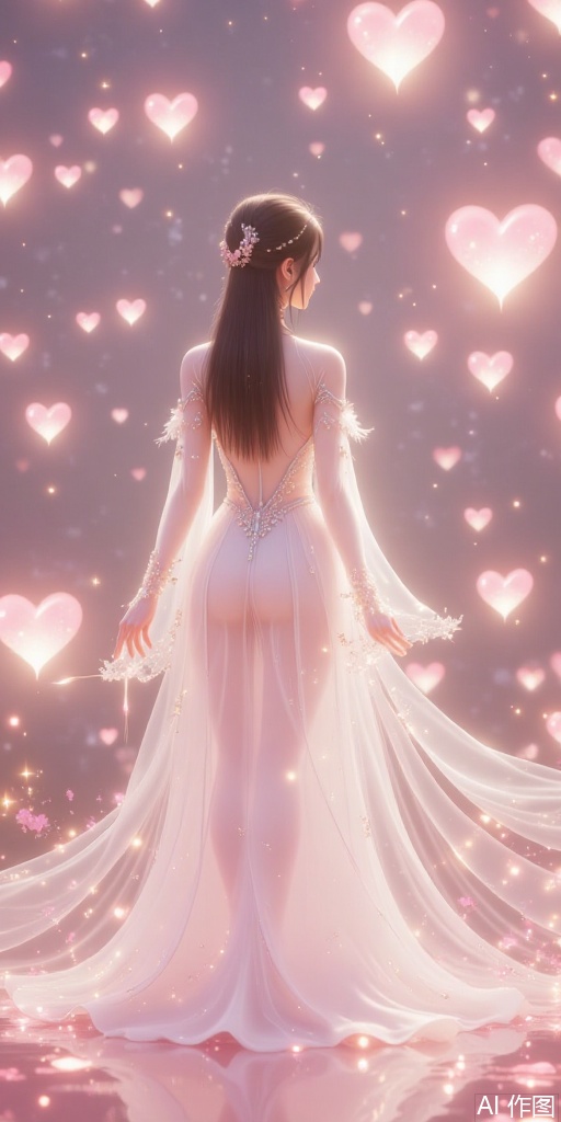 Countless translucent heart-shaped halos floating in the air,  showing a gradient pink-gold color,  with stardust particle...