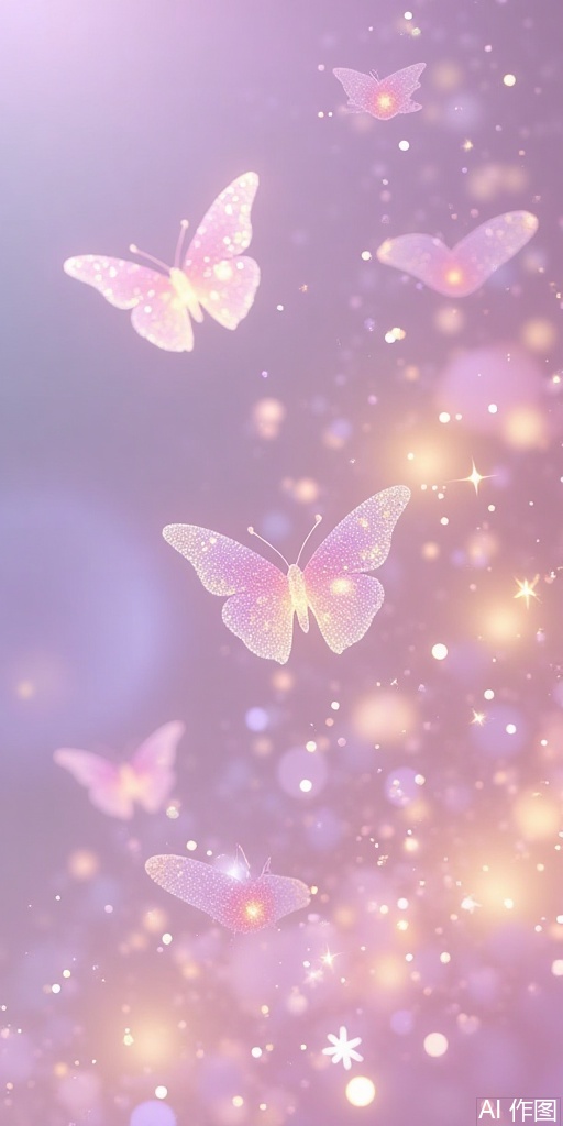 Tens of millions of translucent loves are suspended in the air, presenting the gradient light effect of "pink gold → lavender purple" - each love has a special effect of star-swirl flowing, emitting soft light particles at the edges, slowly rising and falling with the airflow - Special effect: * Some loves turn into light butterflies and dance* When touched, a halo of water-like shape spreads