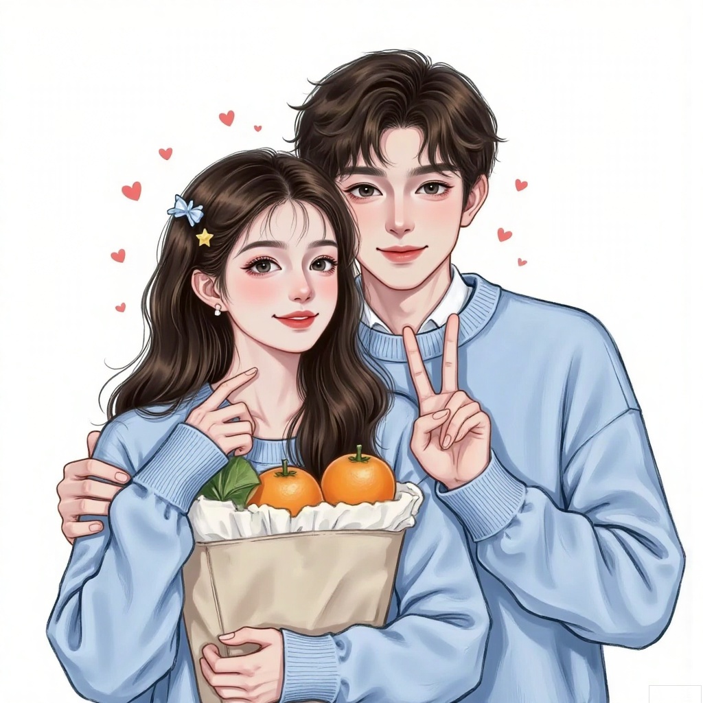 1girl, long hair, looking at viewer, blush, smile, short hair, simple background, brown hair, black hair, hair ornament, long sleeves, 1boy, white background, holding, upper body, heart, food, bag, star \(symbol\), black eyes, sweater, v, fruit, star hair ornament, red lips, blue sweater, orange \(fruit\), mandarin orange