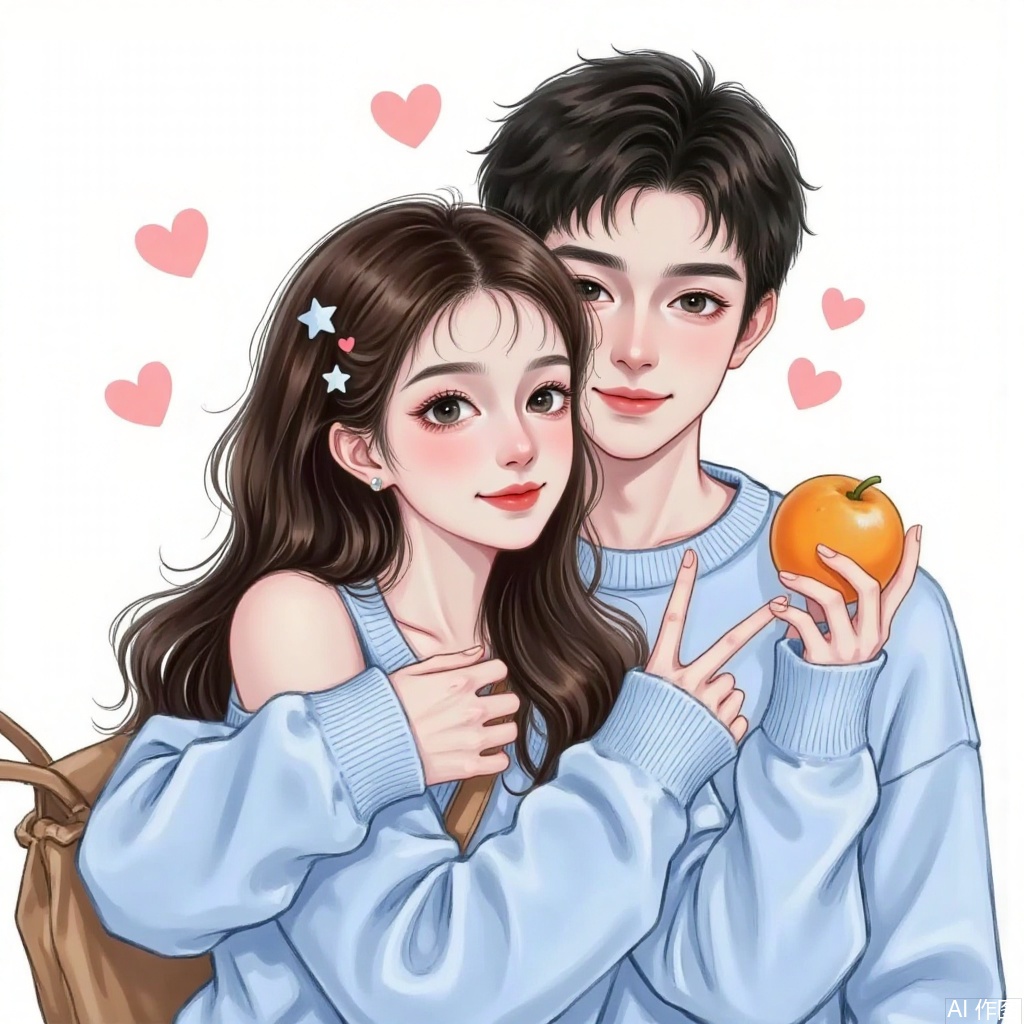 1girl, long hair, looking at viewer, blush, smile, short hair, simple background, brown hair, black hair, hair ornament, long sleeves, 1boy, white background, holding, upper body, heart, food, bag, star \(symbol\), black eyes, sweater, v, fruit, star hair ornament, red lips, blue sweater, orange \(fruit\), mandarin orange