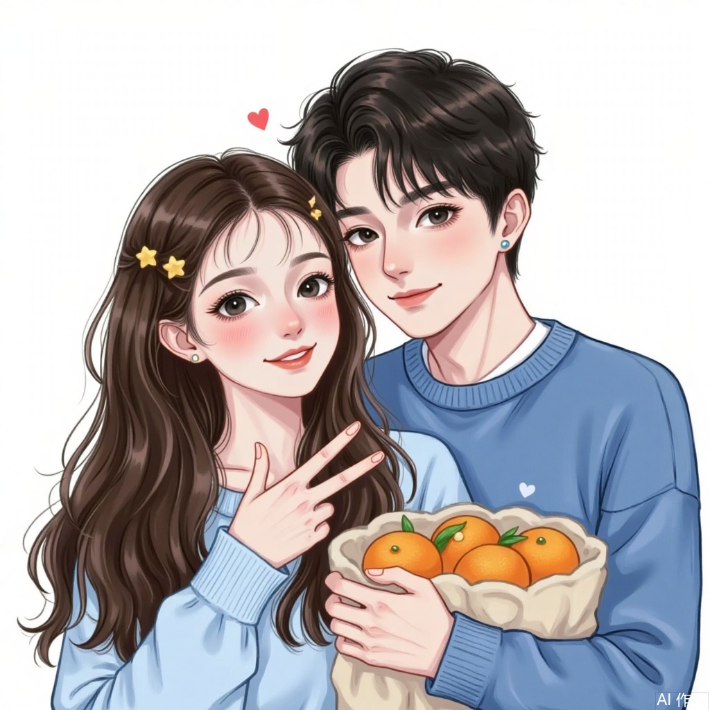 1girl, long hair, looking at viewer, blush, smile, short hair, simple background, brown hair, black hair, hair ornament, long sleeves, 1boy, white background, holding, upper body, heart, food, bag, star \(symbol\), black eyes, sweater, v, fruit, star hair ornament, red lips, blue sweater, orange \(fruit\), mandarin orange