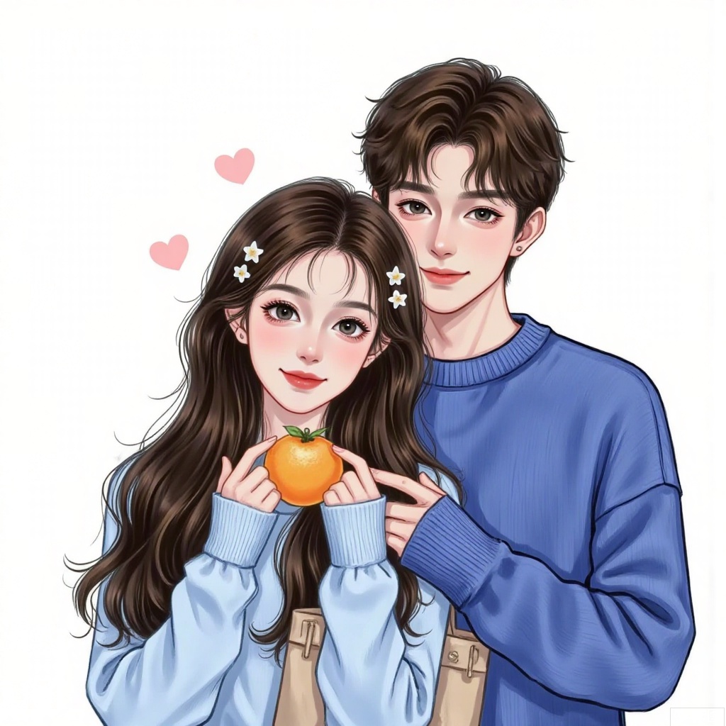 1girl, long hair, looking at viewer, blush, smile, short hair, simple background, brown hair, black hair, hair ornament, long sleeves, 1boy, white background, holding, upper body, heart, food, bag, star \(symbol\), black eyes, sweater, v, fruit, star hair ornament, red lips, blue sweater, orange \(fruit\), mandarin orange