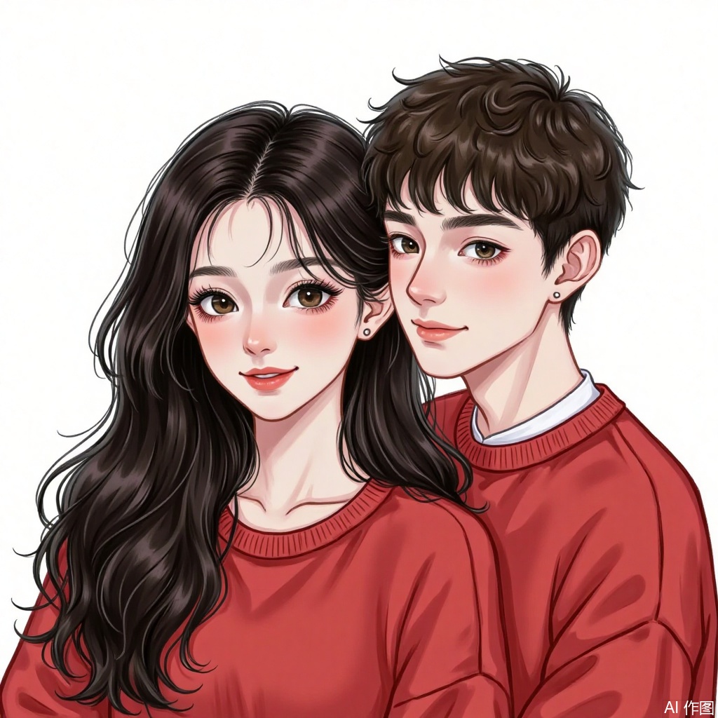 A girl with long hair in a red shirt and a boy with short hair in a red sweater beside her