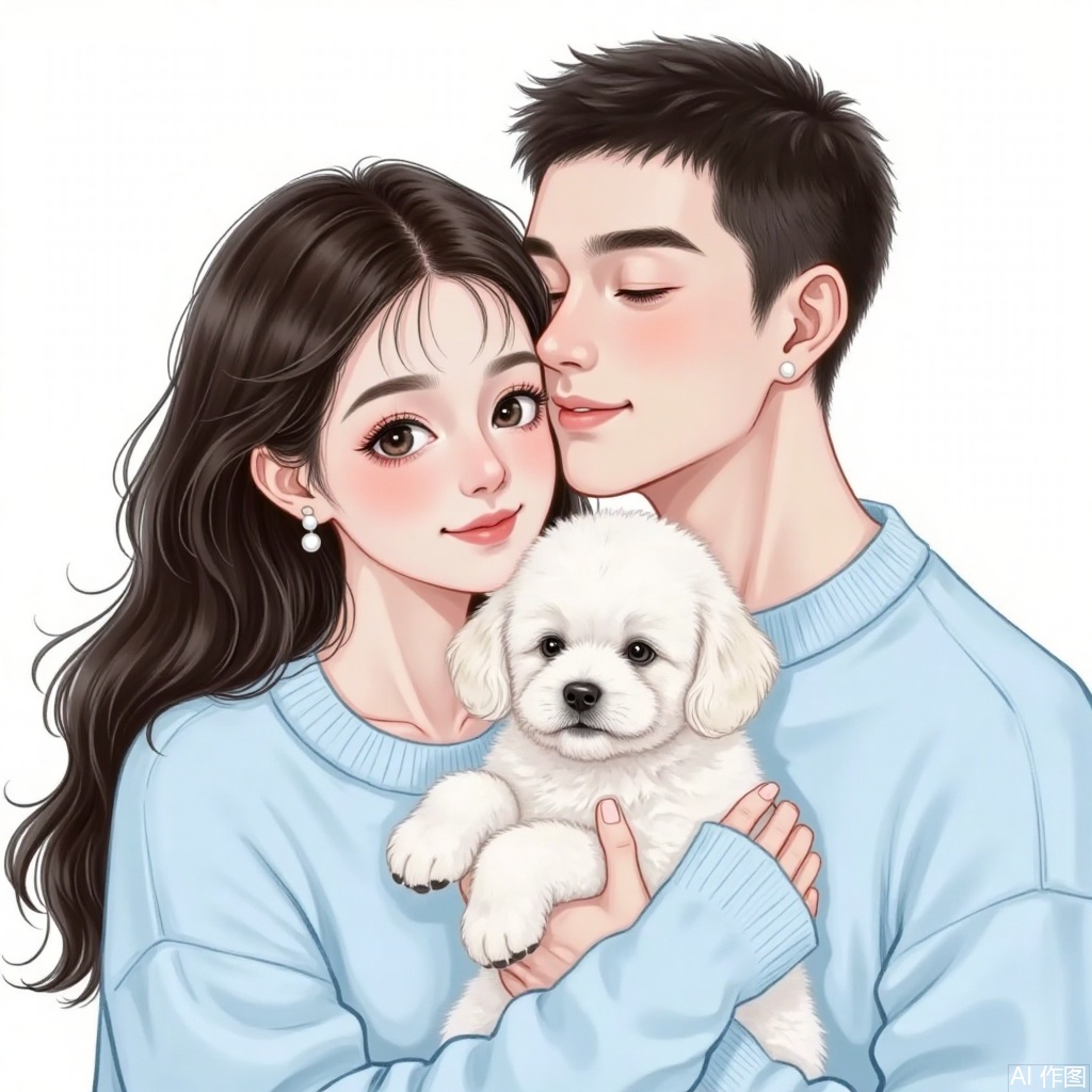This illustration depicts a warm scene of a young couple and a puppy. The couple wore light blue sweaters of the same color, which looked very harmonious. The woman has long black curly hair, pearl earrings, a gentle smile, big and bright eyes, and a faint blush on her cheeks. The men have short hair, three-dimensional facial features, firm and gentle eyes, and slightly raised corners of their mouths. They held a white puppy together. The puppy looked very cute, with fluffy hair and round eyes, and looked very lively. The overall picture has soft colors and smooth lines, giving people a warm and harmonious feeling.