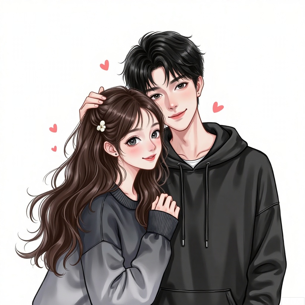 1girl, long hair, looking at viewer, smile, short hair, simple background, brown hair, black hair, hair ornament, long sleeves, 1boy, white background, closed mouth, upper body, hetero, heart, hairclip, hood, black eyes, hug, hoodie, hood down, multicolored clothes, heart hair ornament, drawstring, black hoodie