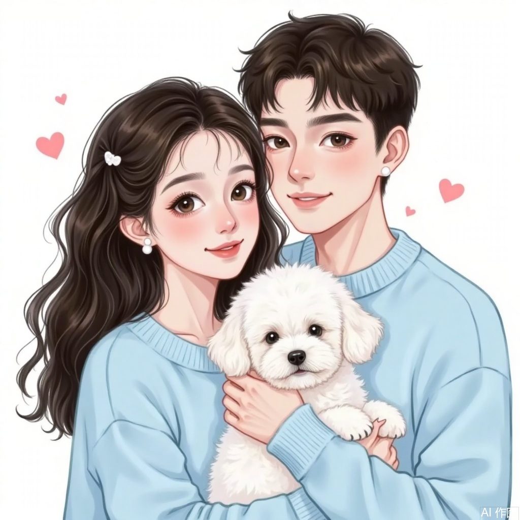 This illustration depicts a warm scene of a young couple and a puppy. The couple wore light blue sweaters of the same color, which looked very harmonious. The woman has long black curly hair, pearl earrings, a gentle smile, big and bright eyes, and a faint blush on her cheeks. The men have short hair, three-dimensional facial features, firm and gentle eyes, and slightly raised corners of their mouths. They held a white puppy together. The puppy looked very cute, with fluffy hair and round eyes, and looked very lively. The overall picture has soft colors and smooth lines, giving people a warm and harmonious feeling.