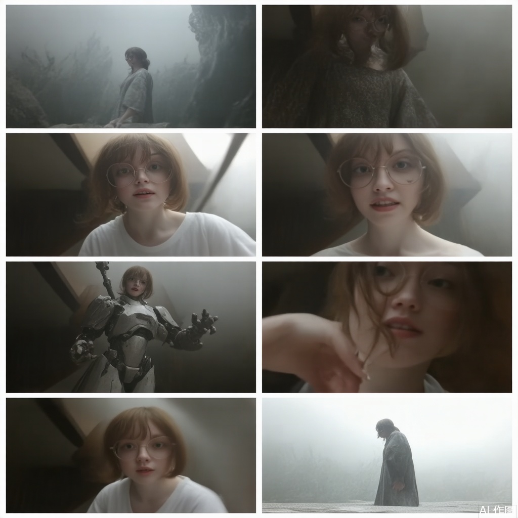 (A striking 8-image collage from a animation-CinematicMasterpiece cinematic), high-resolution, ultra-detailed, epic fantasy landscape, misty atmosphere, lighting, solo, red short hair, (red eyes), glowing, animification, glowing eyes, glitch, Gorgeous face with details, long eyebrows. Big and cute eyes. Cinematic lights hands_in_pockets, cinematic lighting, strong contrast, wuxia, holding weapon,black dragon, machinery, Mecha, CGArt Mayfly. BREAK, 35mm photograph, grainy, professional, 8k, highly detailed, Hasselbald 50mm lens f/1.9,[by ethan for CGArt Mayfly model], Face Score