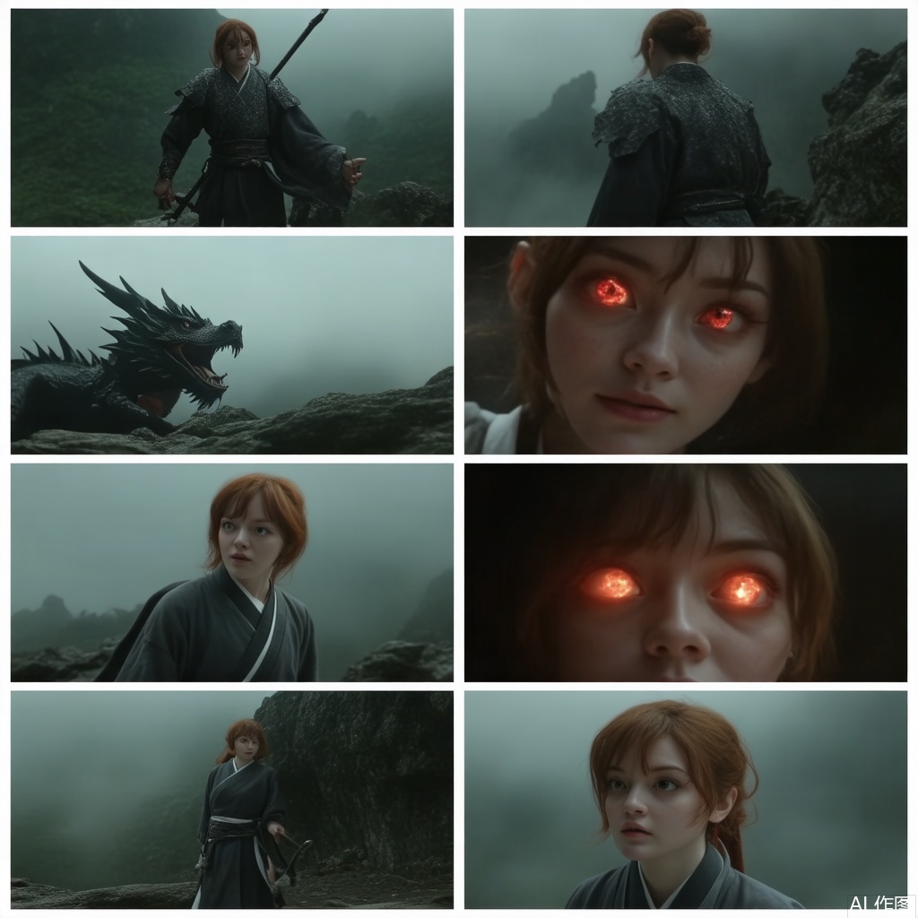 (A striking 8-image collage from a animation-CinematicMasterpiece cinematic), high-resolution, ultra-detailed, epic fantasy landscape, misty atmosphere, lighting, solo, red short hair, (red eyes), glowing, animification, glowing eyes, glitch, Gorgeous face with details, long eyebrows. Big and cute eyes. Cinematic lights hands_in_pockets, cinematic lighting, strong contrast, wuxia, holding weapon,black dragon, machinery, Mecha, CGArt Mayfly. BREAK, 35mm photograph, grainy, professional, 8k, highly detailed, Hasselbald 50mm lens f/1.9,[by ethan for CGArt Mayfly model], Face Score