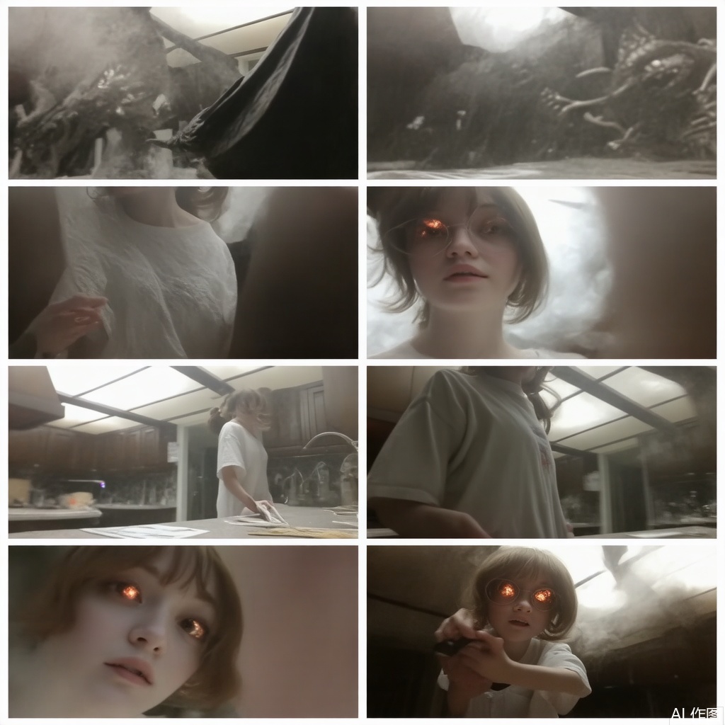 (A striking 8-image collage from a animation-CinematicMasterpiece cinematic), high-resolution, ultra-detailed, epic fantasy landscape, misty atmosphere, lighting, solo, red short hair, (red eyes), glowing, animification, glowing eyes, glitch, Gorgeous face with details, long eyebrows. Big and cute eyes. Cinematic lights hands_in_pockets, cinematic lighting, strong contrast, wuxia, holding weapon,black dragon, machinery, Mecha, CGArt Mayfly. BREAK, 35mm photograph, grainy, professional, 8k, highly detailed, Hasselbald 50mm lens f/1.9,[by ethan for CGArt Mayfly model], Face Score