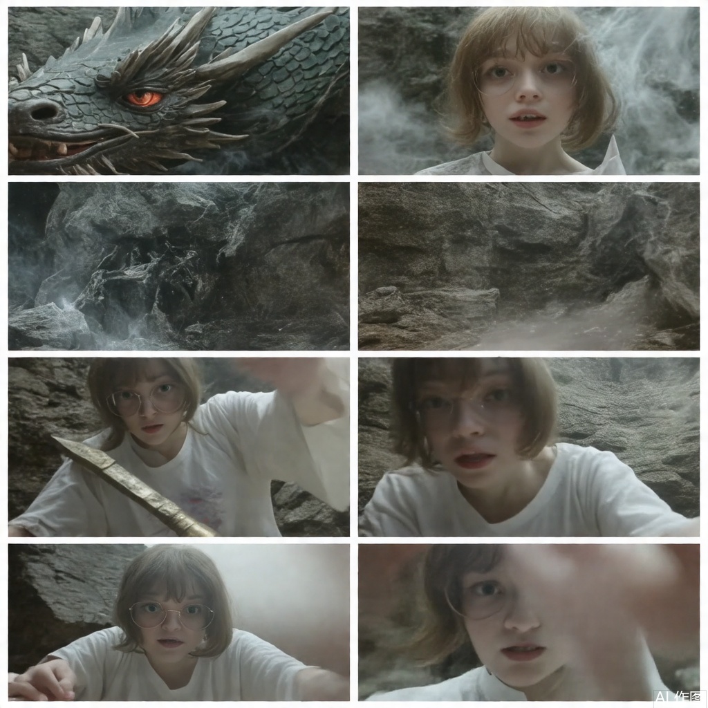 (A striking 8-image collage from a animation-CinematicMasterpiece cinematic), high-resolution, ultra-detailed, epic fantasy landscape, misty atmosphere, lighting, solo, red short hair, (red eyes), glowing, animification, glowing eyes, glitch, Gorgeous face with details, long eyebrows. Big and cute eyes. Cinematic lights hands_in_pockets, cinematic lighting, strong contrast, wuxia, holding weapon,black dragon, machinery, Mecha, CGArt Mayfly. BREAK, 35mm photograph, grainy, professional, 8k, highly detailed, Hasselbald 50mm lens f/1.9,[by ethan for CGArt Mayfly model], Face Score