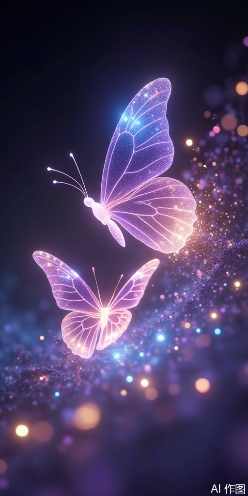 Translucent butterfly wings present "aura gradient" color (pink purple/water blue/light gold) - Each butterfly has its own stardust tail, leaving 3 seconds of diagonal light marks in flight trajectory - Special individuals: * Crystal butterfly: The wings are prism-structured to refract rainbow spots* Luminous butterfly: The veins show breathing light and dark changes