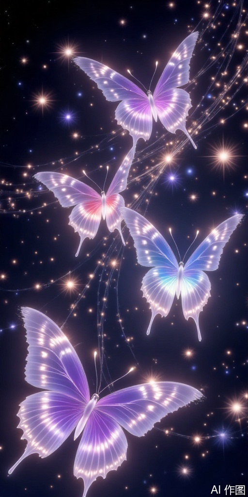 Translucent butterfly wings present "aura gradient" color (pink purple/water blue/light gold) - Each butterfly has its own stardust tail, leaving 3 seconds of diagonal light marks in flight trajectory - Special individuals: * Crystal butterfly: The wings are prism-structured to refract rainbow spots* Luminous butterfly: The veins show breathing light and dark changes