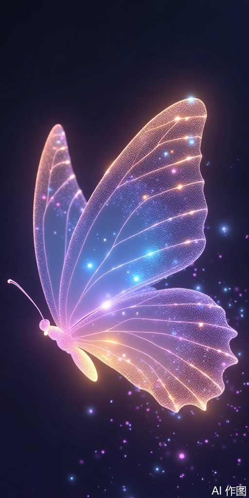Translucent butterfly wings present "aura gradient" color (pink purple/water blue/light gold) - Each butterfly has its own stardust tail, leaving 3 seconds of diagonal light marks in flight trajectory - Special individuals: * Crystal butterfly: The wings are prism-structured to refract rainbow spots* Luminous butterfly: The veins show breathing light and dark changes