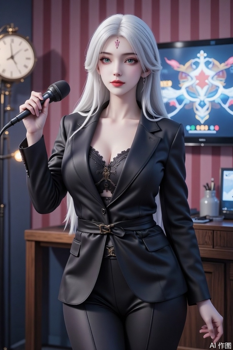 Masterpiece, the best quality, high quality,  huge breasts,,(white hair:1.4),(long legs:1.3),（thin legs：1.4）,1girl, solo, long hair, black hair, holding, standing, pants, indoors, lips, formal, suit, microphone, clock, television, karaoke