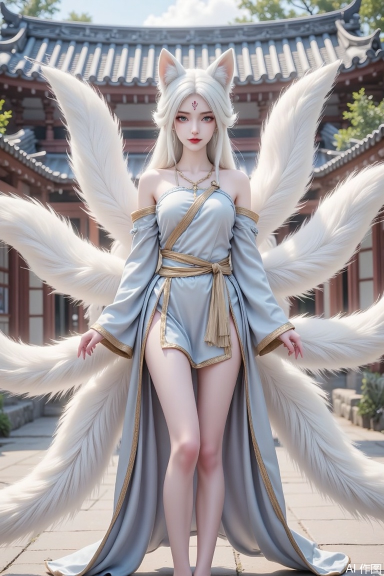 Masterpiece, the best quality, high quality,  small breasts,,(white hair:1.4),(long legs:1.3),（thin legs：1.4）,1girl, solo, long hair, looking at viewer, animal ears, bare shoulders, standing, tail, full body, white hair, outdoors, detached sleeves, japanese clothes, day, sash, fox ears, fox tail, facial mark, fox girl, multiple tails, architecture, east asian architecture