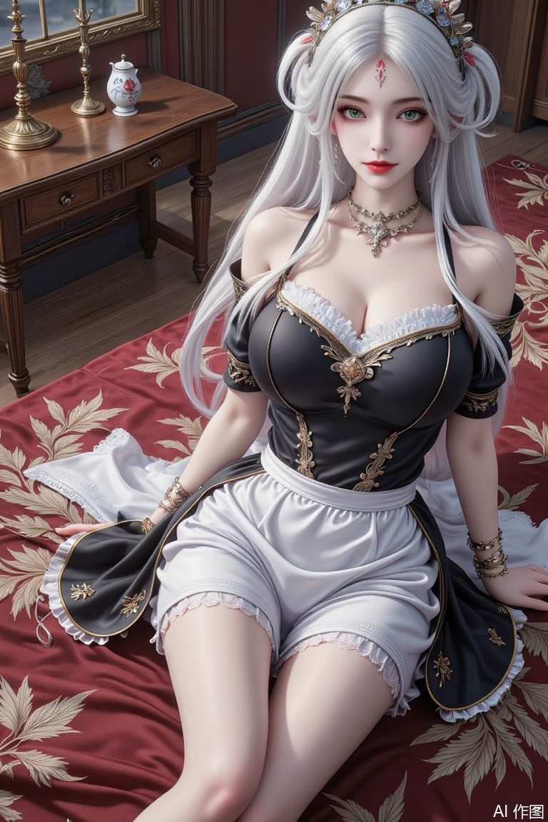 Masterpiece, the best quality, high quality,  small breasts,,(white hair:1.4),(long legs:1.3),（thin legs：1.4）,1girl,  long hair, breasts, looking at viewer, black hair, twintails, huge breasts, brown eyes, jewelry,frills, choker, necklace, apron, lips, wrist cuffs, maid, maid headdress, realistic, sexy apron,from above,close-up
