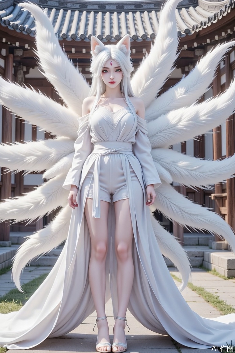 Masterpiece, the best quality, high quality,  small breasts,,(white hair:1.4),(long legs:1.3),（thin legs：1.4）,1girl, solo, long hair, looking at viewer, animal ears, bare shoulders, standing, tail, full body, white hair, outdoors, detached sleeves, japanese clothes, day, sash, fox ears, fox tail, facial mark, fox girl, multiple tails, architecture, east asian architecture