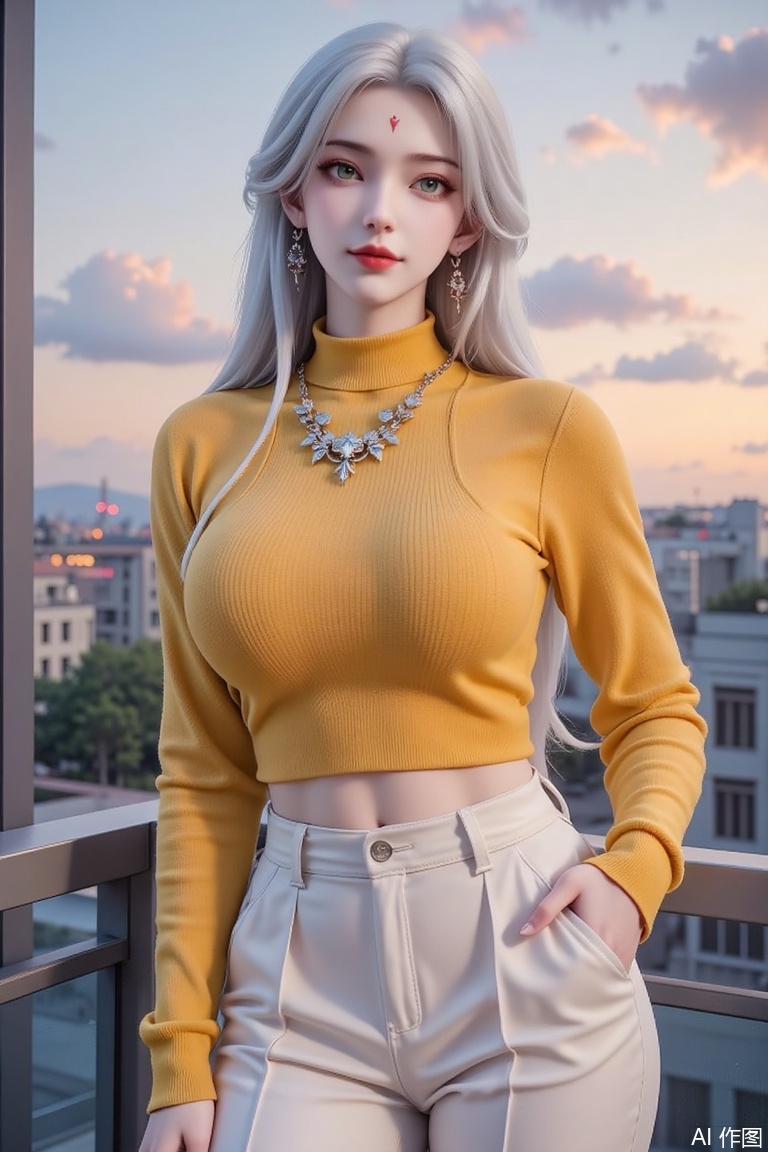 Masterpiece, the best quality, high quality,  huge breasts,,(white hair:1.4),(long legs:1.3),（thin legs：1.4）,jewelry,earrings,white hair,long hair,light pink eye shadow,green eyes,forehead mark,facial mark,red lips,1girl,jewelry,solo,midriff,earrings,crop top,navel,breasts,pants,looking at viewer,white pants,railing,sky,necklace,ring,window,cloud,long sleeves,against railing,sunset,yellow shirt,standing,large breasts,cropped shirt,indoors,head tilt,turtleneck,cropped sweater,shirt,smile,stomach,evening,hand in pocket,hoop earrings,Close-up details,outstanding style,adding a touch of dimension to your images without compromising details,close-up,lvjing,colorful,