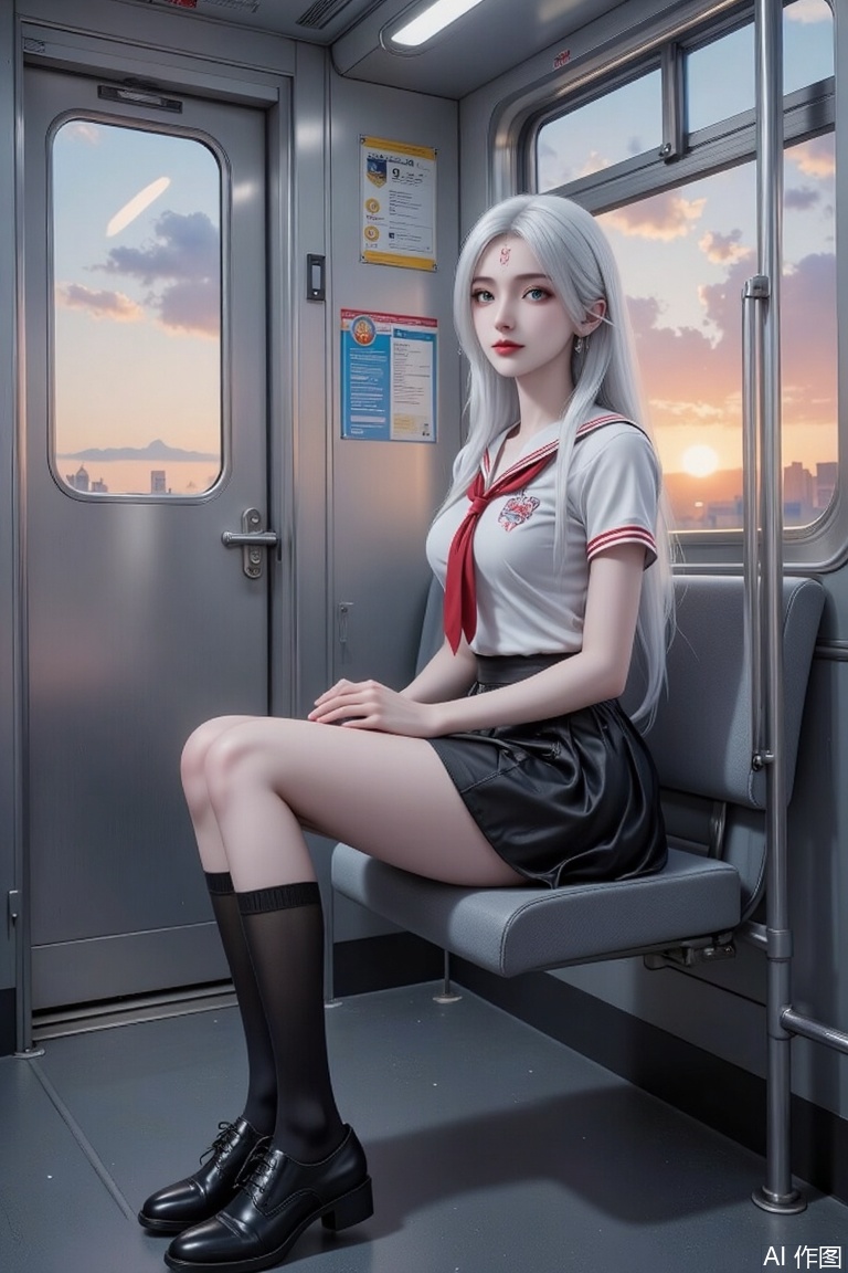 Masterpiece, the best quality, high quality,  huge breasts,,(white hair:1.4),(long legs:1.3),（thin legs：1.4）,Overall
 
Depict a character inside a train carriage, creating a serene and contemplative atmosphere, as if capturing a moment of inner monologue during the journey.
 
Art Style
 
2D realistic - style. It delicately portrays the character and the scene, with soft and natural colors and ingenious use of light, resulting in a warm and authentic ambiance.
 
Composition
 
The character is positioned slightly to the right of the center of the picture, seated naturally on the carriage seat. The carriage space surrounds the character, forming a composition that emphasizes the character as the main subject, simple yet focused.
 
Perspective
 
Eye - level perspective, as if the viewer is also in the carriage, sharing the same space with the character, allowing for a clear observation of the character's state.
 
Expression
 
The expression is calm and serene, as if in a state of relaxation or deep thought, conveying a sense of tranquility and peacefulness.
 
Hairstyle
 
Long, white hair, flowing smoothly, adding a splash of color and vitality to the picture.
 
Action
 
Sitting quietly with both hands placed on the lap, the posture is dignified and relaxed, exuding an elegant charm.
 
Clothing
 
In the classic sailor - suit style, with a white top paired with a black pleated miniskirt. A red necktie serves as an accent, complemented by black knee - high socks and black leather shoes, fully showcasing a youthful school - girl look.
 
Makeup
 
The makeup is fresh and natural, emphasizing a youthful complexion. With minimal cosmetics, it highlights the innocence and vitality of a young girl.
 
Matching
 
The overall outfit is mainly coordinated around the school uniform, simple and harmonious, expressing youthful energy through color and style combinations.
 
Decoration
 
There are small decorations such as school emblems on the clothes, adding school - related elements and details, without excessive or complicated adornments.
 
Background
 
The interior of the train carriage features metallic walls, handrails, and posted posters, with rich details. Outside the window is a beautiful sunset scene, where the warm - toned sky contrasts with the cool - toned metal inside the carriage.
 
Image Quality
 
The picture is high - definition, with exquisite details. The texture of the character's skin, the folds of the clothing, the metallic sheen inside the carriage, and the light and shadow changes of the scenery outside the window are all clearly distinguishable.