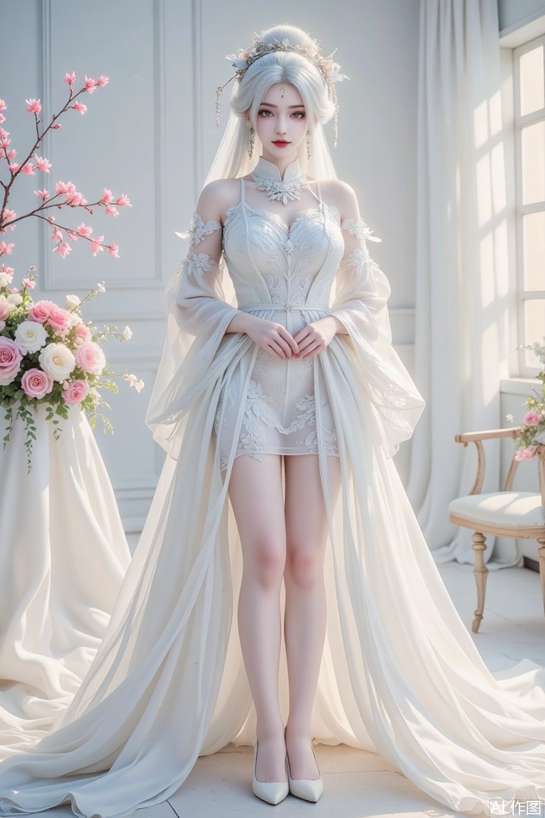 Masterpiece, the best quality, high quality,  huge breasts,,(white hair:1.4),(long legs:1.3),（thin legs：1.4）,Looking straight, a Chinese girl is wearing a wedding dress and wearing a traditional wedding headdress, warm white porcelain texture, lace, tulle, layered translucent, translucent and opaque, overlapping translucent, dot color, Monet, Van Gogh, covering, transparent color covering method, different textures, embroidery, classicism, light and shadow, star man brilliant