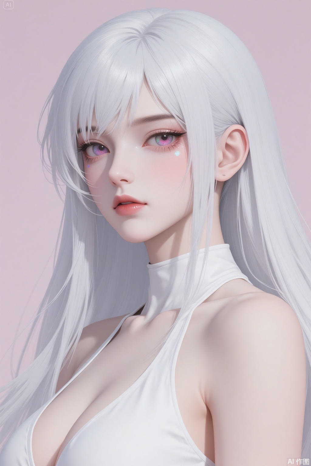 A woman in a half-body shot with a close-up of her face. She has a perfect body proportion. She has long white hair, and some broken strands of hair cover her eyes. She is wearing colored contact lenses and a white halterneck top. She has a large bust. Her facial features are exquisite, and she has delicate makeup. The outer corners of her eyes are slender. She exudes a cold and aloof air, is charming, has a somewhat roguish and handsome look, and is really cool. In an anime style, with a CG texture, thickly painted, having smooth and delicate skin, ultra-high definition, a masterpiece, in 8K quality. It's lifelike, with clear textures and rich details. Against a solid-color background.