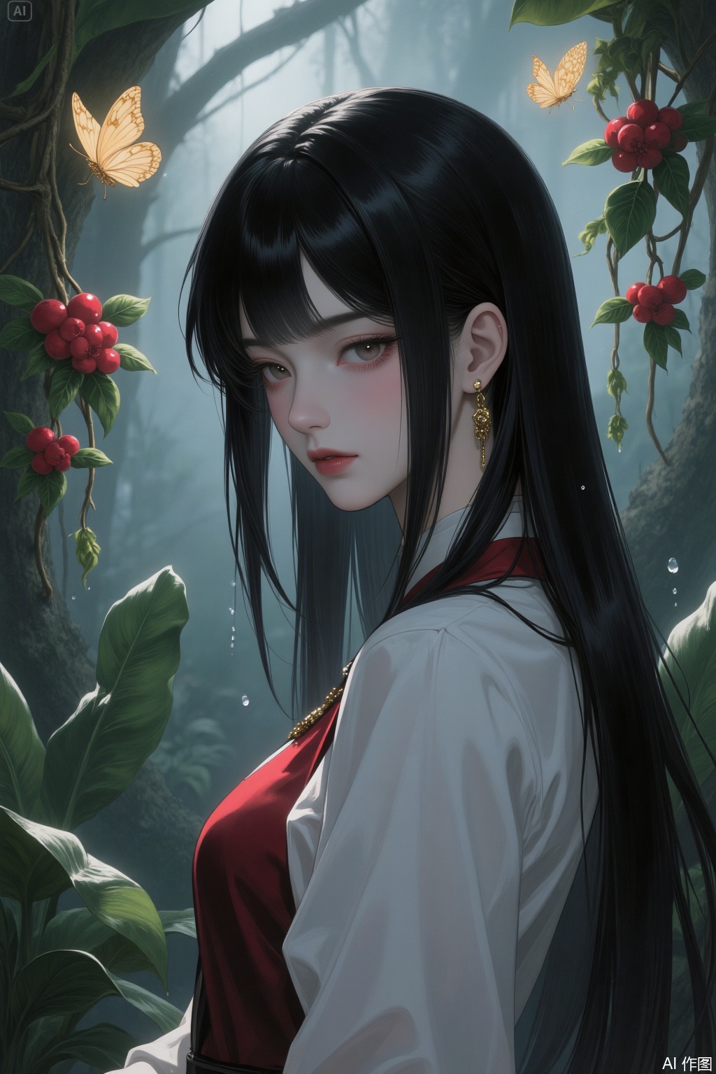 Long dark hair in the style of Tomie. Wearing a JK uniform. A beautiful woman with the aura of a domineering elder sister. The hair strands are delicate and shiny. There are flower branches and vines twining around. The character looks down at the camera from a superior position. It has a low-saturation color scheme, giving off a sense of melancholy and decadence. It's a full-body portrait. In the style of Chinese-style animation and the old anime style. There is a close-up of the face. There are crystal-clear raindrops falling on the banana leaves. With dynamic capture. The scene is set in a forest, with lush green plants. There are clusters of flowers in full bloom. Red fruits hang all over the branches. Glowing butterflies are fluttering around. There is a layer of mist swirling. It's a magnificent, aesthetically pleasing and dreamy wonderland. There are broad-leaved plants. It's a two-dimensional animation CG thick-painted illustration or comic.