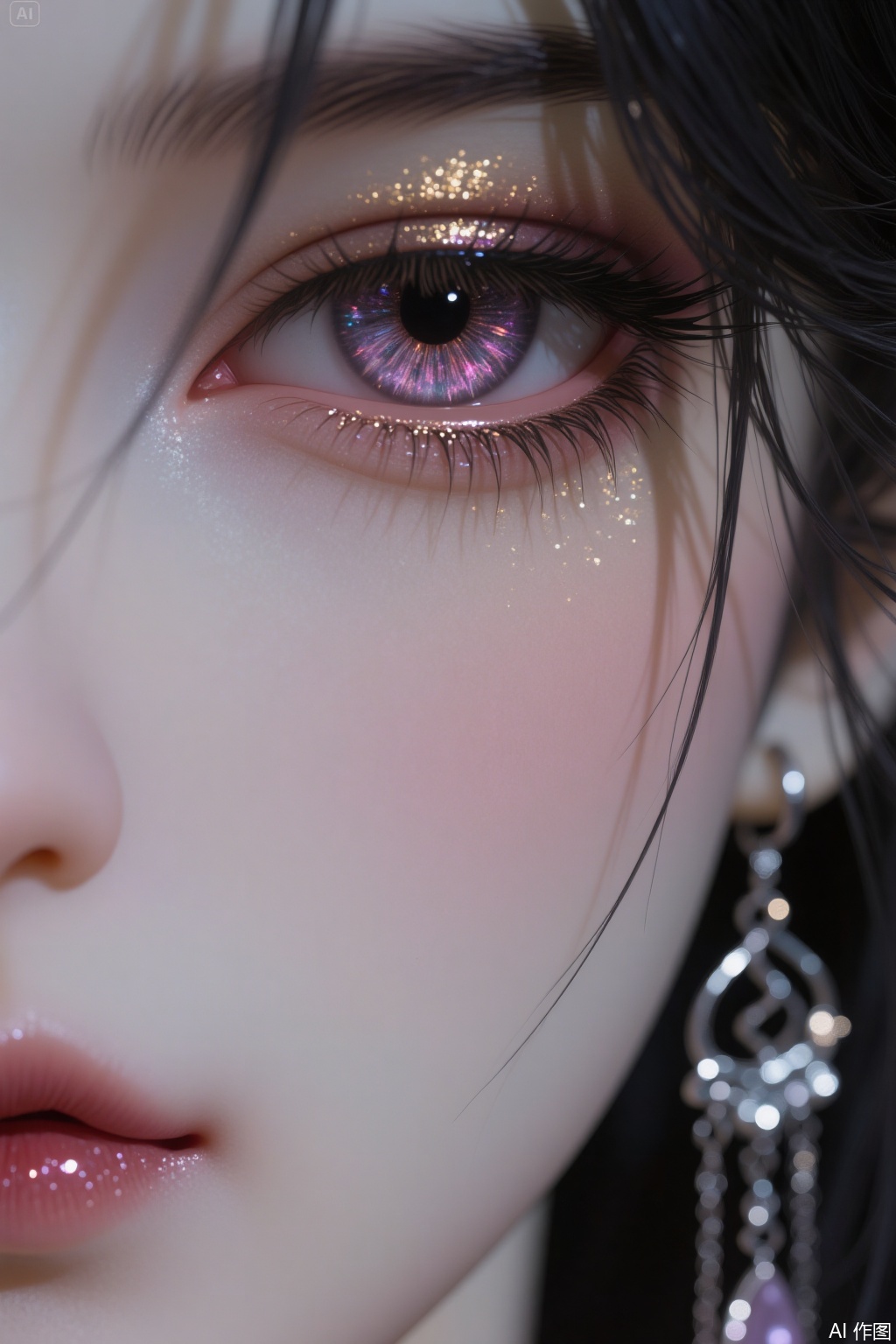 1girl solo long hair black hair jewelry purple eyes earrings parted lips lips eyelashes portrait close-up houtu