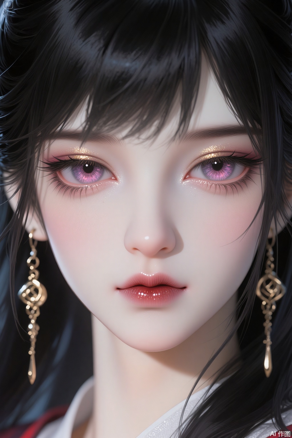 1girl solo long hair black hair jewelry purple eyes earrings parted lips lips eyelashes portrait close-up houtu