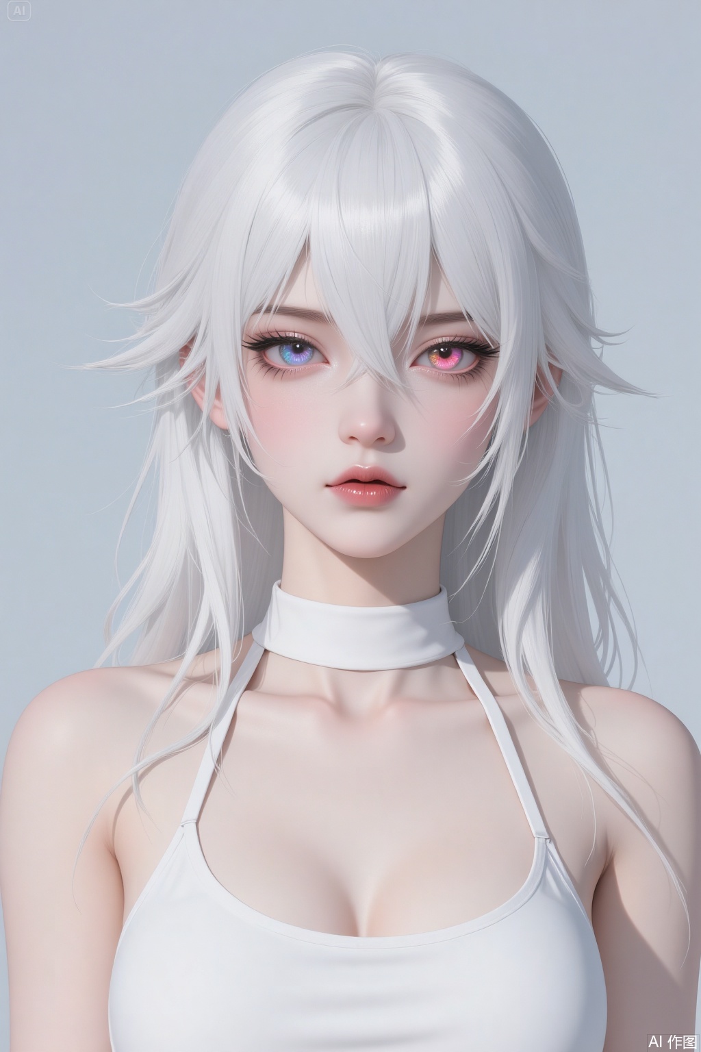 A woman in a half-body shot with a close-up of her face. She has a perfect body proportion. She has long white hair, and some broken strands of hair cover her eyes. She is wearing colored contact lenses and a white halterneck top. She has a large bust. Her facial features are exquisite, and she has delicate makeup. The outer corners of her eyes are slender. She exudes a cold and aloof air, is charming, has a somewhat roguish and handsome look, and is really cool. In an anime style, with a CG texture, thickly painted, having smooth and delicate skin, ultra-high definition, a masterpiece, in 8K quality. It's lifelike, with clear textures and rich details. Against a solid-color background.
