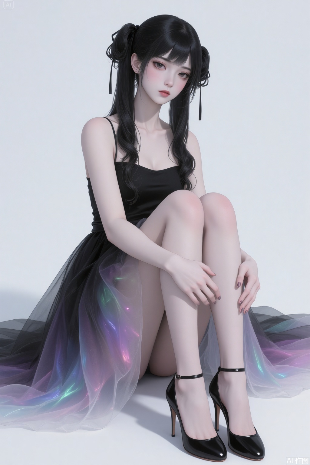 Full body. A tall woman with slender and straight legs that are clean. She has black hair and is wearing an exquisite gradient tulle dress with a high level of layering. She is sitting on the ground with her hands hugging her legs, and she is wearing high-heeled shoes. Her eyes are black, and there is a black ribbon in her hair that has a drooping effect. She has long hair with slightly curled double ponytails at the back. Against a solid-color background, she has tear troughs, and her fingers are delicately detailed. There is soft lighting, and the picture has a slight shimmer. It conveys a sense of consciousness, and the picture seems to be glowing. It is a CG illustration exuding a sense of mystery and coldness, with high quality, high standard, and a clear image.