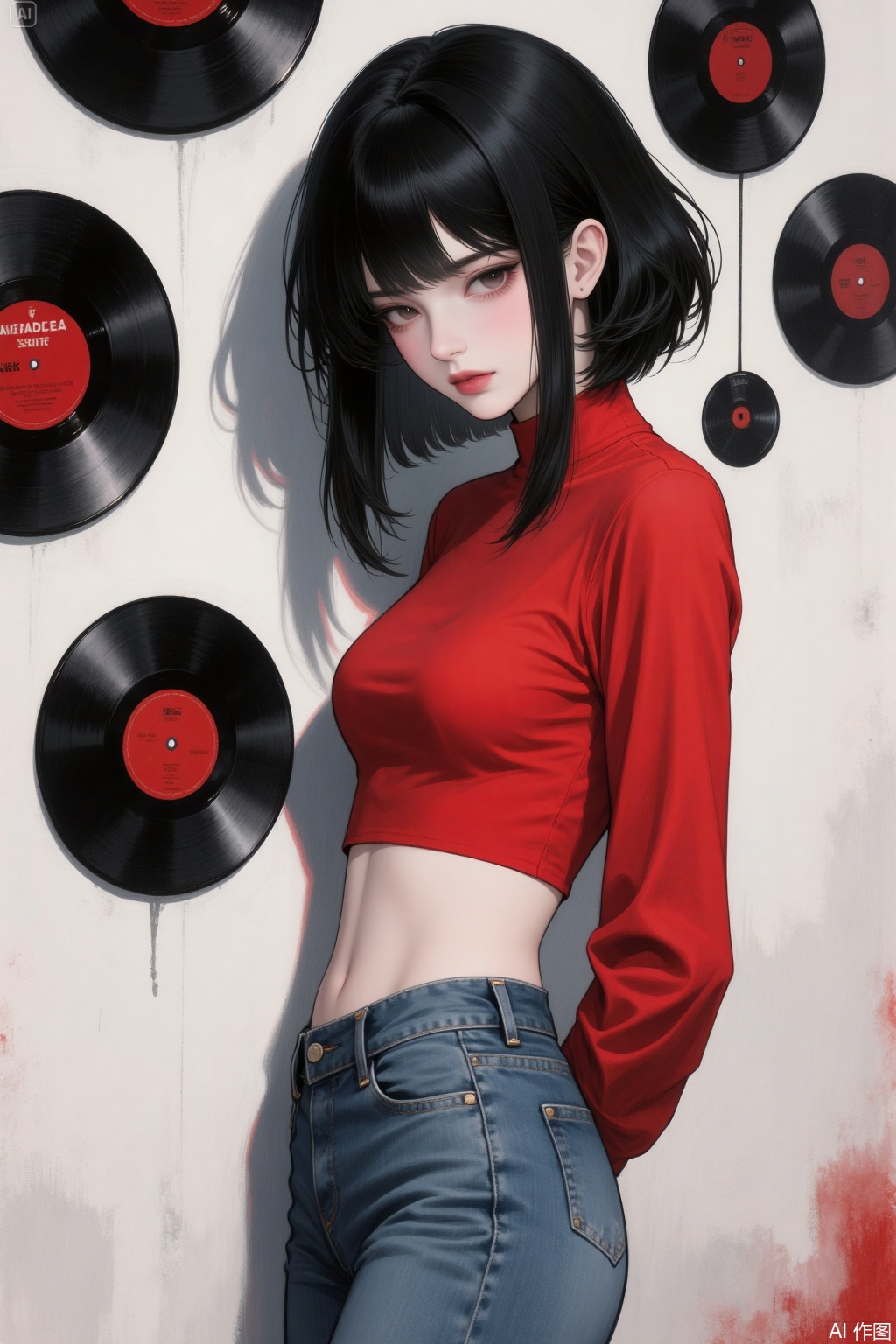 Posing. Wearing jeans, with a slender waist and a shapely peachy buttocks. There are black vinyl records on the wall, and she is dressed in a red top.
 
She is a cold and aloof girl with black hair, exuding mystery, coldness, charm and an air of a domineering elder sister. There is a contrast in her temperament.
 
Her hairstyle features a layered cut. The inner layer is straight hair that falls past the shoulders, smooth and sleek. The outer layer is short hair reaching the ears, forming a fluffy arc that wraps around the inner layer. The ends of the hair retain the drooping feel of long hair as a whole. The inner and outer layers create a three-dimensional contour through the level difference. Avoid hairstyles with all hair of the same length, refuse evenly trimmed hair ends, and no overall short haircuts.
 
Red and white stage costumes for singing performances.
 
It gives a feeling of coldness and toughness, coolness, aestheticism, and artistry. It has a master-level aesthetic taste. It's in a two-dimensional style, like an illustration, gouache painting, or watercolor painting. There are techniques of blurring and rendering. It has a master-level composition, color scheme, and lighting.