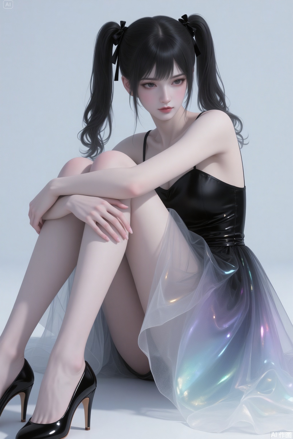 Full body. A tall woman with slender and straight legs that are clean. She has black hair and is wearing an exquisite gradient tulle dress with a high level of layering. She is sitting on the ground with her hands hugging her legs, and she is wearing high-heeled shoes. Her eyes are black, and there is a black ribbon in her hair that has a drooping effect. She has long hair with slightly curled double ponytails at the back. Against a solid-color background, she has tear troughs, and her fingers are delicately detailed. There is soft lighting, and the picture has a slight shimmer. It conveys a sense of consciousness, and the picture seems to be glowing. It is a CG illustration exuding a sense of mystery and coldness, with high quality, high standard, and a clear image.