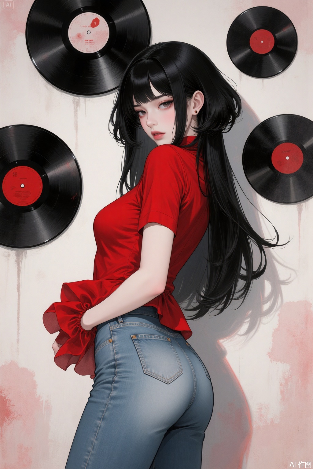 Posing. Wearing jeans, with a slender waist and a shapely peachy buttocks. There are black vinyl records on the wall, and she is dressed in a red top.
 
She is a cold and aloof girl with black hair, exuding mystery, coldness, charm and an air of a domineering elder sister. There is a contrast in her temperament.
 
Her hairstyle features a layered cut. The inner layer is straight hair that falls past the shoulders, smooth and sleek. The outer layer is short hair reaching the ears, forming a fluffy arc that wraps around the inner layer. The ends of the hair retain the drooping feel of long hair as a whole. The inner and outer layers create a three-dimensional contour through the level difference. Avoid hairstyles with all hair of the same length, refuse evenly trimmed hair ends, and no overall short haircuts.
 
Red and white stage costumes for singing performances.
 
It gives a feeling of coldness and toughness, coolness, aestheticism, and artistry. It has a master-level aesthetic taste. It's in a two-dimensional style, like an illustration, gouache painting, or watercolor painting. There are techniques of blurring and rendering. It has a master-level composition, color scheme, and lighting.