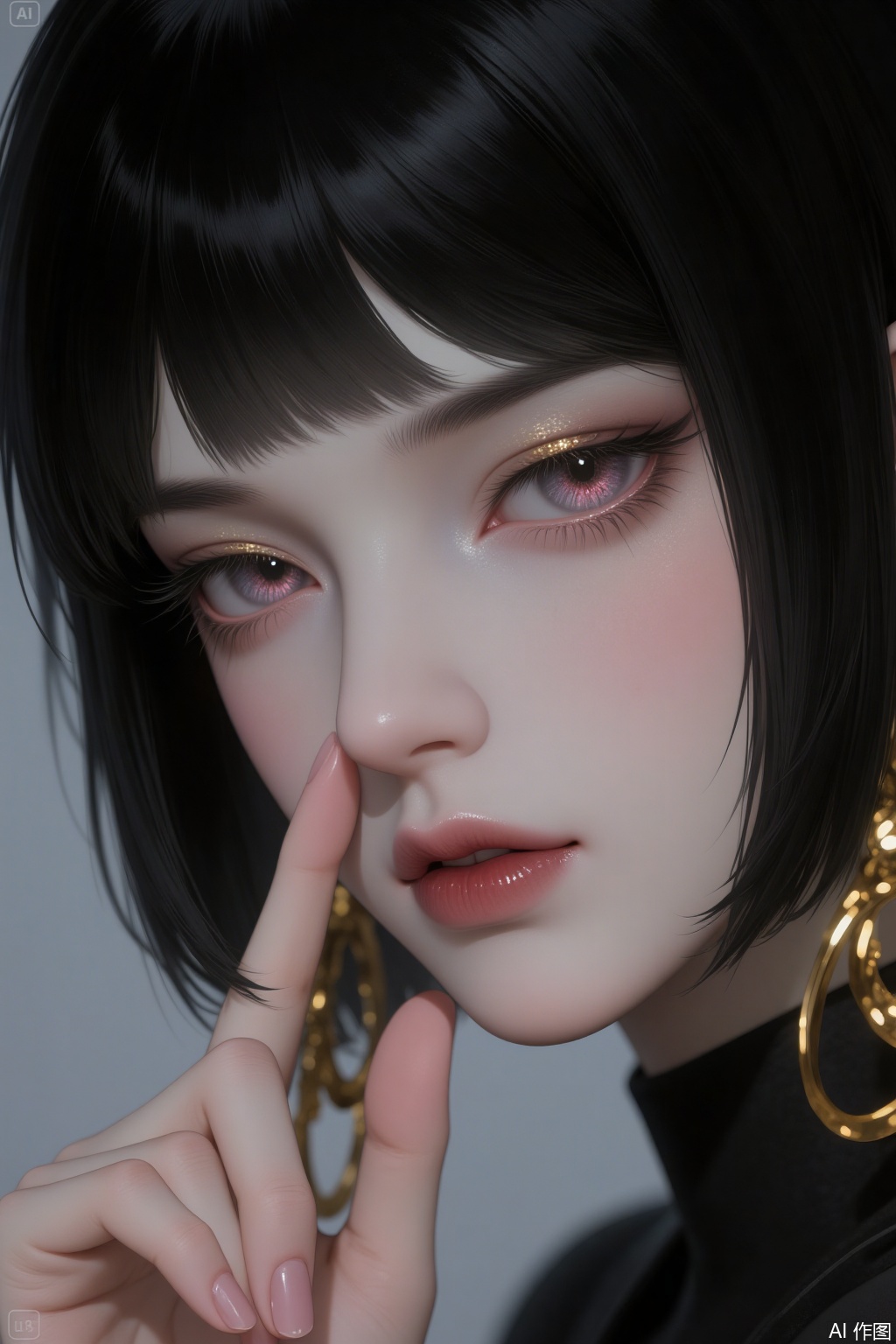 A female character in a CG illustration. It's a close-up of the face. The fingers are exquisitely detailed. She has short, straight black hair, large golden earrings that glimmer slightly. It's of high quality, high standard, and in high definition. It presents an ultimate aesthetic. She looks cold, aloof, lazy and exudes a sense of mystery.