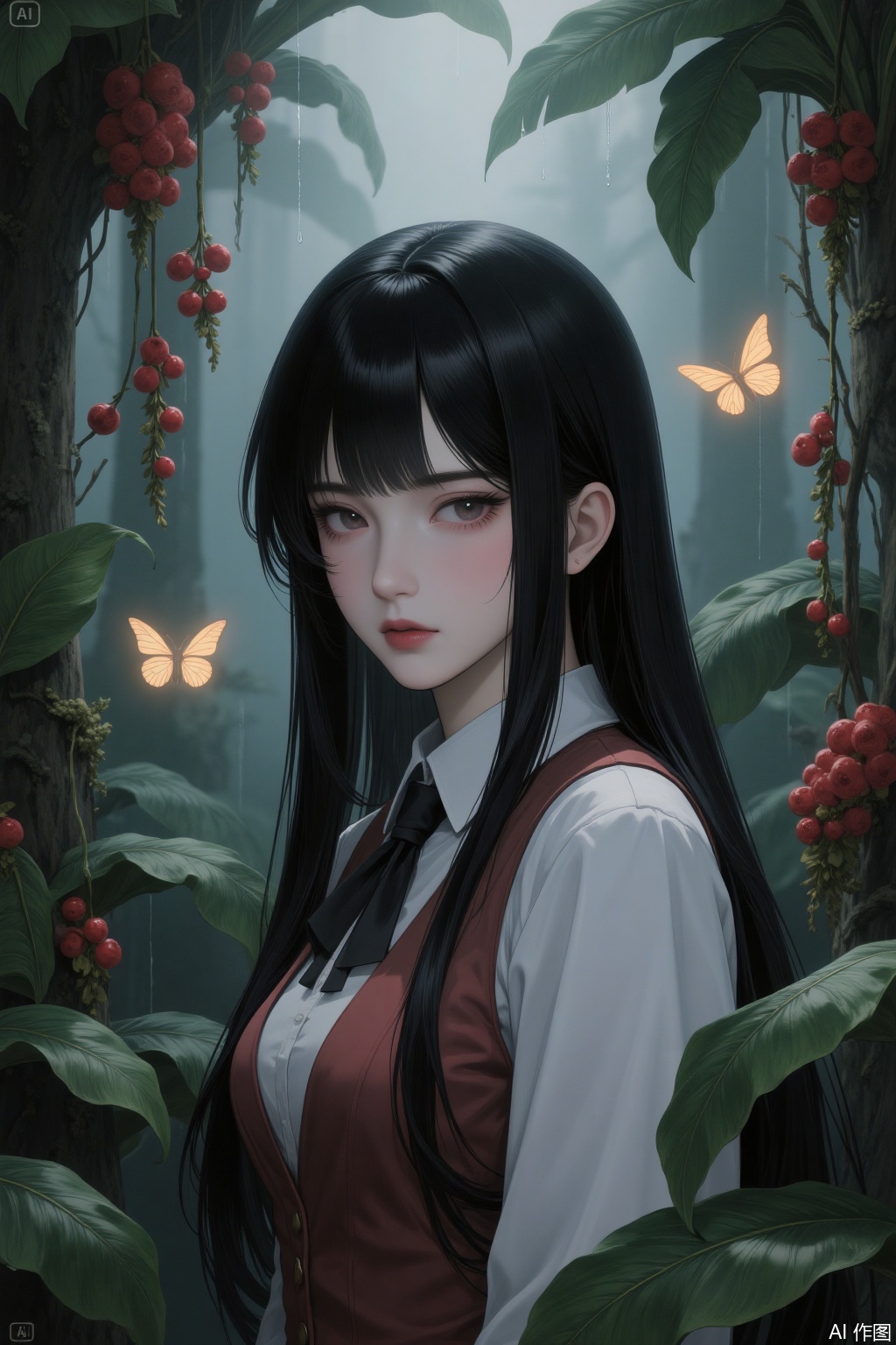 Long dark hair in the style of Tomie. Wearing a JK uniform. A beautiful woman with the aura of a domineering elder sister. The hair strands are delicate and shiny. There are flower branches and vines twining around. The character looks down at the camera from a superior position. It has a low-saturation color scheme, giving off a sense of melancholy and decadence. It's a full-body portrait. In the style of Chinese-style animation and the old anime style. There is a close-up of the face. There are crystal-clear raindrops falling on the banana leaves. With dynamic capture. The scene is set in a forest, with lush green plants. There are clusters of flowers in full bloom. Red fruits hang all over the branches. Glowing butterflies are fluttering around. There is a layer of mist swirling. It's a magnificent, aesthetically pleasing and dreamy wonderland. There are broad-leaved plants. It's a two-dimensional animation CG thick-painted illustration or comic.