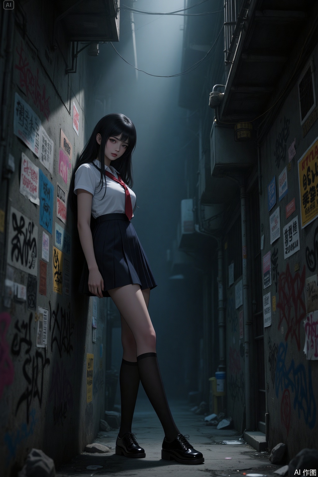 Full body. A beautiful woman with long dark hair in the style of Tomie. She is wearing a JK uniform, knee-high stockings, and shoes. Her legs are slender and straight. It is a CG thick-painted illustration in the style of Chinese-style animation. She looks down at the camera with a slight curl of the corners of her lips. The background is a small alley filled with graffiti and covered with small advertisements. It is dim. The character leans against the wall and looks down at the camera in a domineering manner. She has an "elder sister" aura. There is a beam of light falling from above her head, and her hair strands are delicate and shiny.