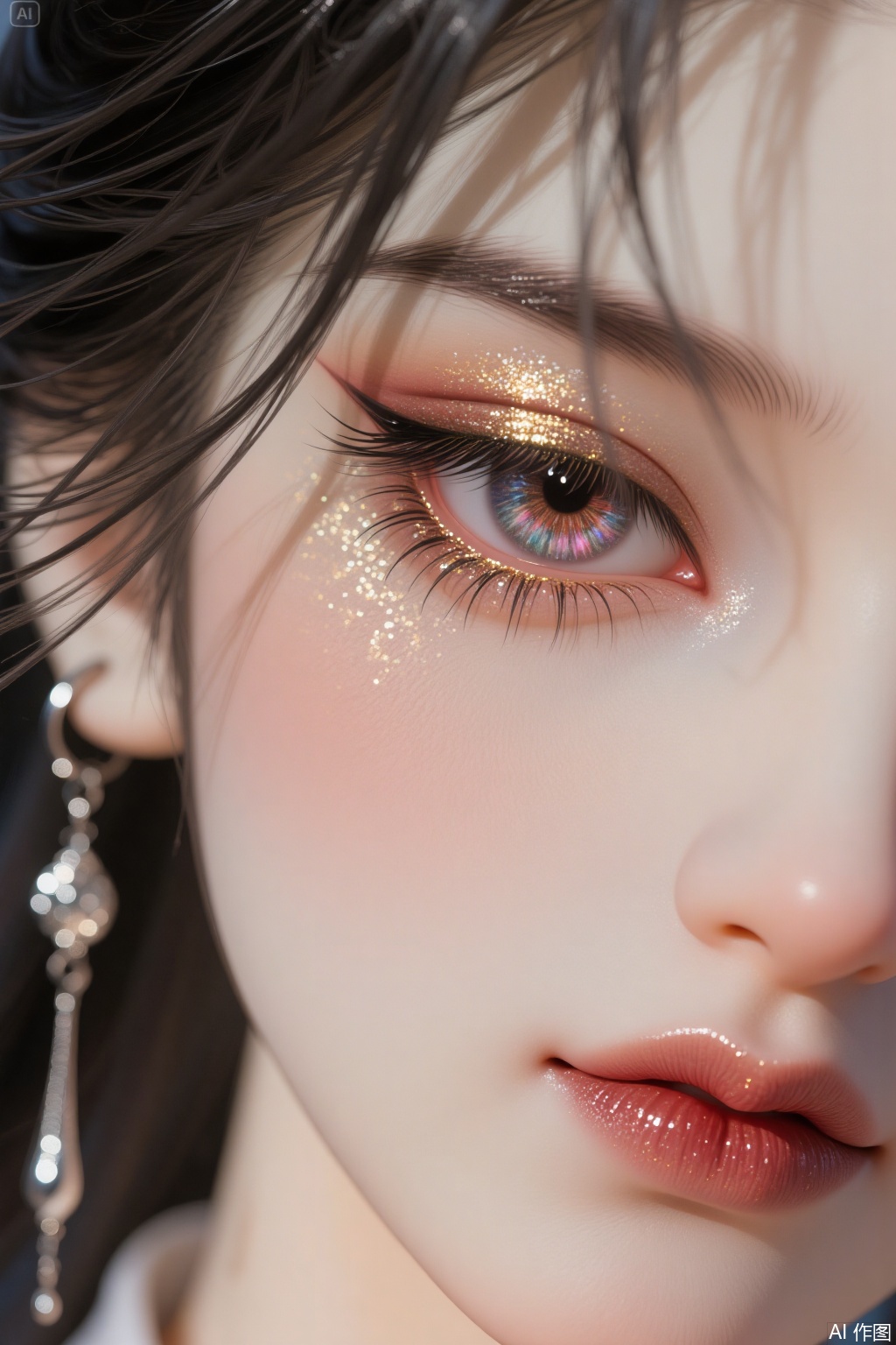 Ancient-style illustration with clear brushstrokes and lines, strong contrast between light and shadow. Ultra-high definition, with a sense of draping and a high-class feel. There is a touch of silver shimmer and gilding. With exquisite eye makeup, it's a close-up of the face and eyes. In the highest image quality, there are绝美(peerless and beautiful) Chinese-style double pupils, almond-shaped eyes with long eyelashes. The skin is clear and translucent. Under strong light, there is delicate rendering, with a charming and devilish charm. Details of the facial features are prominent. Rich in details, with a hazy feeling, taken with a macro lens. There are facial shadows, with the focus on the face. Full of rich details. The eyes are looking downward, with disheveled hair strands. High quality, with earrings. It has a realistic and vivid appearance, a gorgeous oil painting texture, and delicate texture. It shows half of the face.