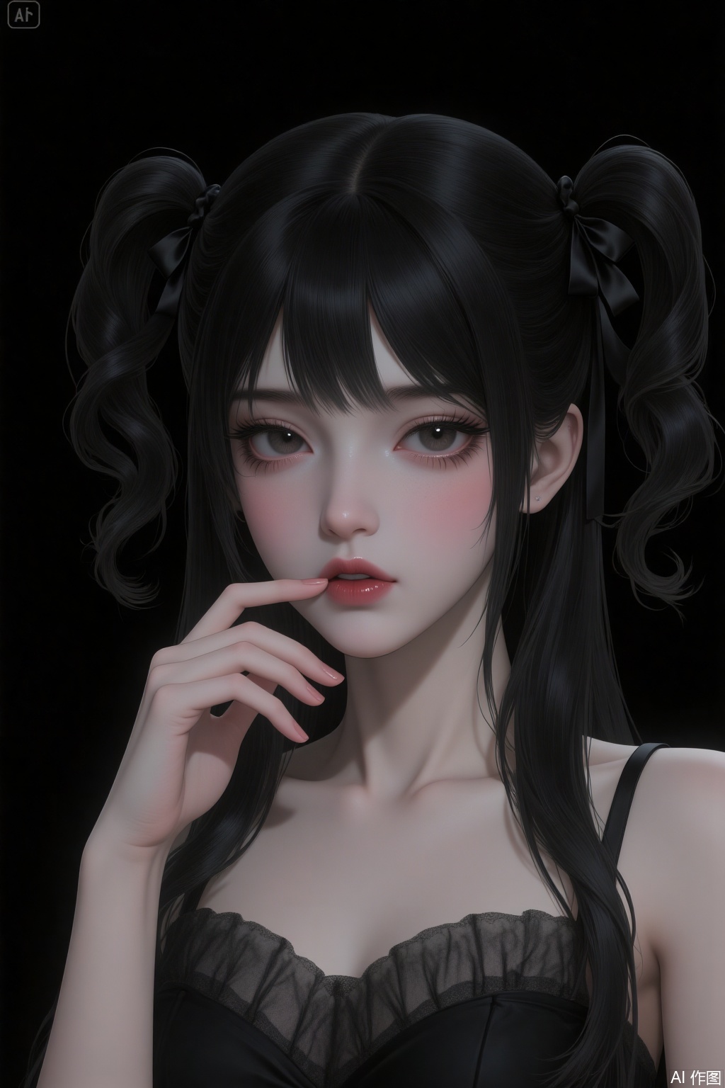 A woman with black hair, wearing a black tulle dress and having black eyes. She is biting her lips. There is a black ribbon in her hair, which hangs down gracefully. At the back, she has slightly curled double ponytails. Against a black background, there is blush on both sides of her face, and she has tear troughs. Her fingers are exquisitely detailed. There is soft lighting, and the picture has a slight shimmer. It conveys a sense of consciousness, and the picture seems to be glowing. The background has a black texture. It is a CG illustration, exuding a sense of mystery and coldness, with high quality, high standard, and a clear image.