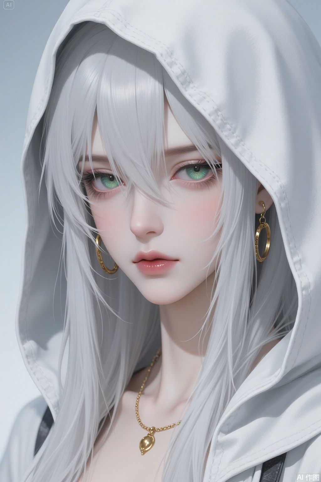 A woman with long white hair. Strands of broken hair cover her eyes. She has green pupils and is wearing a white hooded coat with a hood. It's a close-up of her face. Her facial features are exquisite. Although described as a "handsome guy" (it seems there might be a mix-up here as the previous description is of a woman, assuming it should still be about a woman with a handsome appearance), she has delicate makeup. The outer corners of her eyes are slender, and she has long eyelashes. She is wearing earrings and a necklace. She exudes a cold and aloof air, is charming, has a somewhat roguish and handsome look, and is really cool. In an anime style, with a CG texture, thickly painted, ultra-high definition, a masterpiece, in 8K quality. It's lifelike with detailed features.