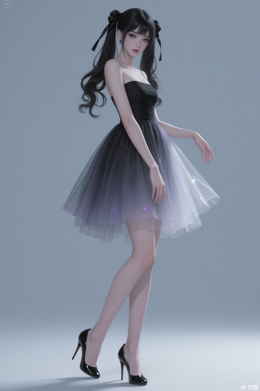 Full body. A tall woman with slender and straight legs, and her legs are clean. She has black hair and is wearing an elegant, gradient tulle dress with a high level of layering. She is in a kneeling position, wearing high-heeled shoes. Her eyes are black, and there is a black ribbon in her hair, which hangs down gracefully. She has long hair, and there are slightly curled double ponytails at the back. Against a solid-color background, she has tear troughs, and her fingers are exquisitely detailed. There is soft lighting, and the picture has a slight shimmer. It conveys a sense of consciousness, and the picture seems to be glowing. It is a CG illustration, exuding a sense of mystery and coldness, with high quality, high standard, and a clear image.