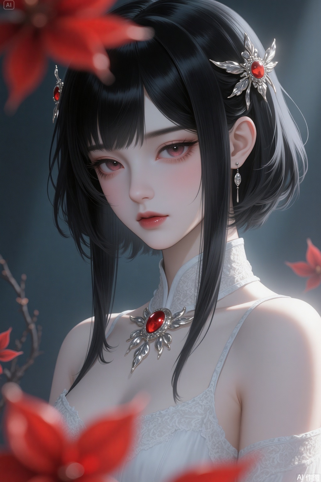 Posing. Close-up shot. In the Western fantasy style.
 
The girl is cold and charming. Her hairstyle features a layered cut. The inner layer consists of straight hair that falls past the shoulders, smooth and sleek. The outer layer is short hair reaching the ears, forming a fluffy arc that wraps around the inner layer. The ends of the hair retain the drooping feel of long hair as a whole. The inner and outer layers create a three-dimensional contour through the level difference.
 
She is a girl with black hair, exuding an air of mystery, coldness, dignity, and charm. She has gorgeous hair ornaments. She is dressed in a magnificent white dress adorned with red decorations. The girl has a slender and skinny figure.
 
It's aesthetically pleasing, artistic, and of master-level taste. It's in the two-dimensional style, like an illustration, gouache painting, or watercolor painting. There are techniques of blurring and rendering. It has a master-level composition, color scheme, and lighting.
 
There is a sense of disarray, with delicate makeup, a pseudo-natural makeup look, porcelain-smooth skin, long eyelashes, delicate slender eyebrows, highlights on the skin, slightly parted lips, the corners of the mouth turned up slightly, giving off a cold feeling. There is soft focus, beautiful light and shadow, mottled illumination, and a sense of destiny.
 
The background has a gradient color-blocking, and the color patches in the foreground partially block the figure. There is light on the face, creating a hazy effect. There are tear troughs, and the fingers are detailed. There is soft light, and the picture has a slight shimmer. It conveys a sense of consciousness, and the picture seems to be glowing. There is a sense of mystery and coldness, with high quality and high definition.,houtu