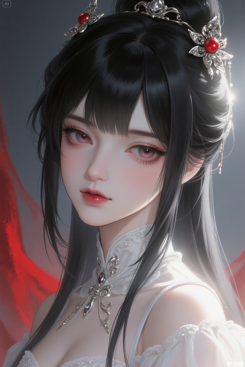 Posing. Close-up shot. In the Western fantasy style.
 
The girl is cold and charming. Her hairstyle features a layered cut. The inner layer consists of straight hair that falls past the shoulders, smooth and sleek. The outer layer is short hair reaching the ears, forming a fluffy arc that wraps around the inner layer. The ends of the hair retain the drooping feel of long hair as a whole. The inner and outer layers create a three-dimensional contour through the level difference.
 
She is a girl with black hair, exuding an air of mystery, coldness, dignity, and charm. She has gorgeous hair ornaments. She is dressed in a magnificent white dress adorned with red decorations. The girl has a slender and skinny figure.
 
It's aesthetically pleasing, artistic, and of master-level taste. It's in the two-dimensional style, like an illustration, gouache painting, or watercolor painting. There are techniques of blurring and rendering. It has a master-level composition, color scheme, and lighting.
 
There is a sense of disarray, with delicate makeup, a pseudo-natural makeup look, porcelain-smooth skin, long eyelashes, delicate slender eyebrows, highlights on the skin, slightly parted lips, the corners of the mouth turned up slightly, giving off a cold feeling. There is soft focus, beautiful light and shadow, mottled illumination, and a sense of destiny.
 
The background has a gradient color-blocking, and the color patches in the foreground partially block the figure. There is light on the face, creating a hazy effect. There are tear troughs, and the fingers are detailed. There is soft light, and the picture has a slight shimmer. It conveys a sense of consciousness, and the picture seems to be glowing. There is a sense of mystery and coldness, with high quality and high definition.,houtu